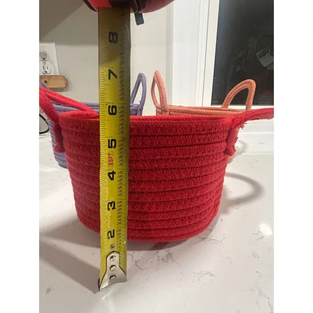 Set of 3 Woven Cotton Rope Baskets Small Oval Storage Bins w/ Handles Multicolor
